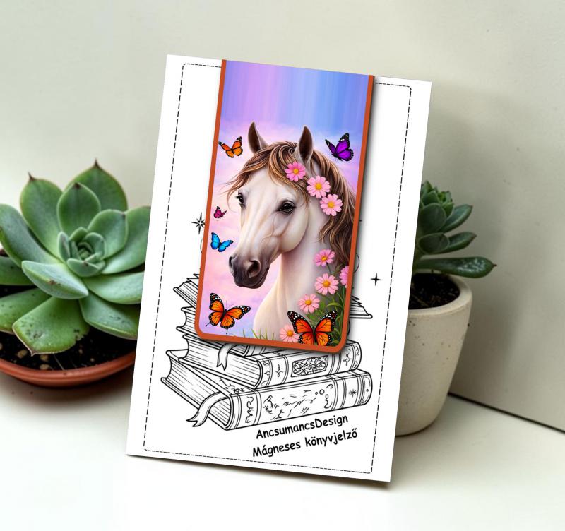 Kézműves mágneses könyvjelző 9,5x5cm - Ló Designer lovas 01