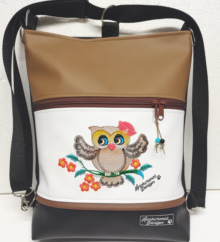 Kisbagoly faágon 3in1 hímzett hátizsák univerzális táska fekete-fehér-barna