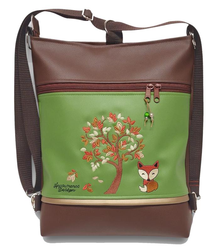 Kisróka a mesebeli erdőben 3in1 hímzett hátizsák univerzális táska kakaóbarna-zöld