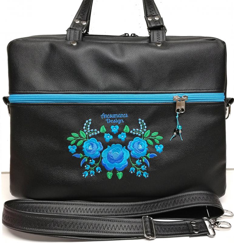 Laptop táska irattartó táska HungarianFolkart12 türkiz hímzéssel fekete alapon
