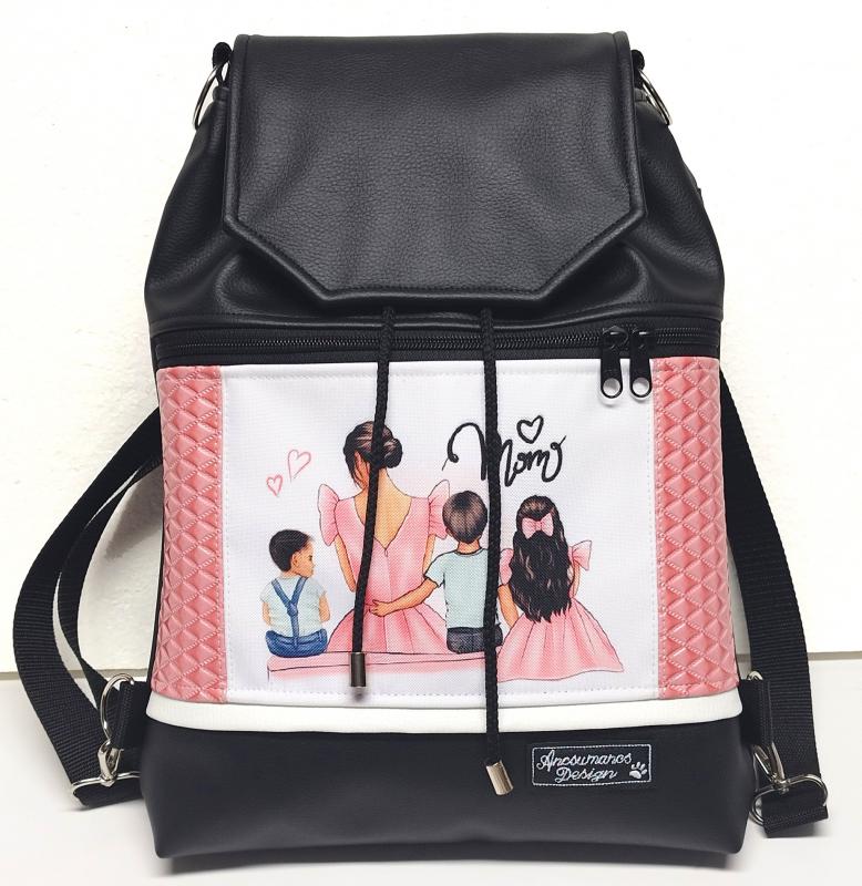 Love Mom 01 - Fedélrészes zsinóros 3in1 hátizsák univerzális táska - Fekete-3D rose