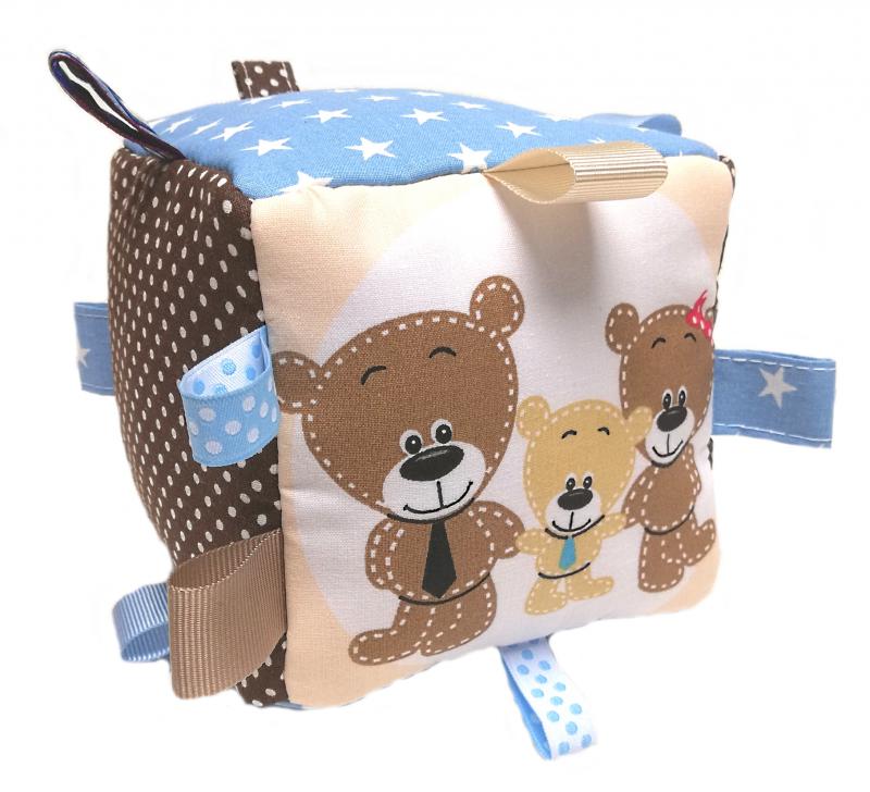 Macicsalád készségfejlesztő címkés nagy babakocka drapp-kék