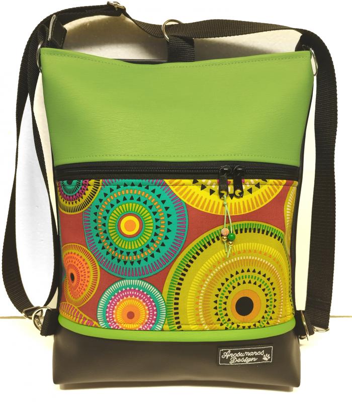 Mandalák 3in1 textilbőr hátizsák  fekete limezöld