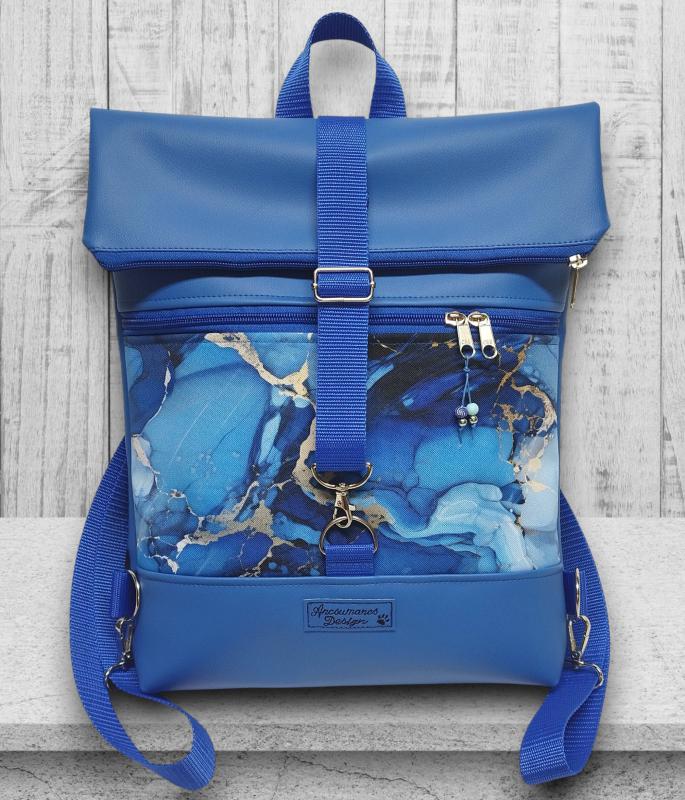 Márványmintás kék Roll Up Maxi dupla pántos hátizsák sok zsebbel
