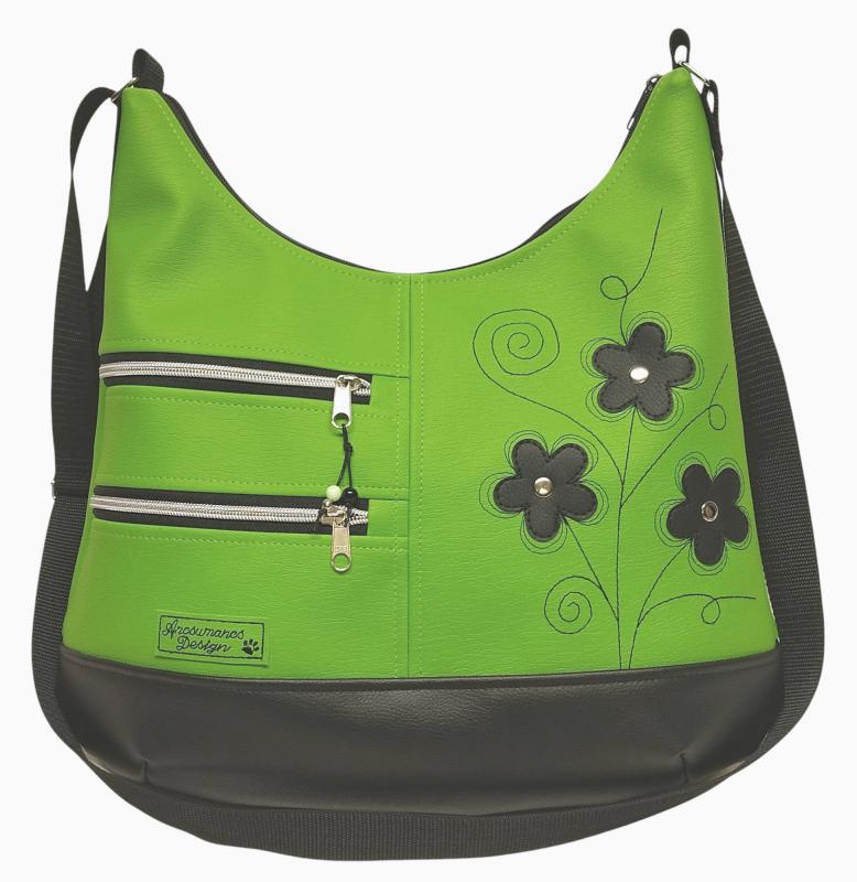 MAXI méretű hímzett sokzsebes textilbőr pakolós táska fekete-lime zöld