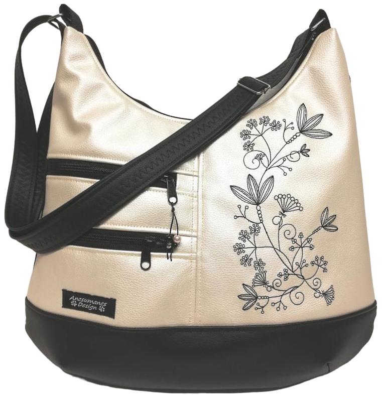 MAXI méretű hímzett sokzsebes textilbőr pakolós táska fekete-pezsgő textilbőr vállpánttal