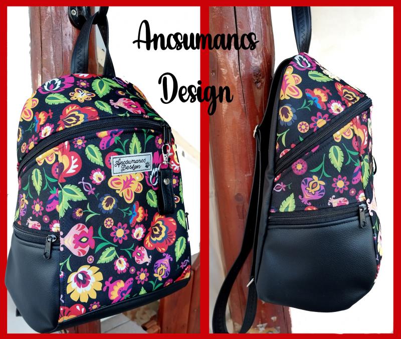 MAXIM BackPack L hátizsák - Elegáns fekete folk virágokkal textilbőr pántokkal 36x28x16