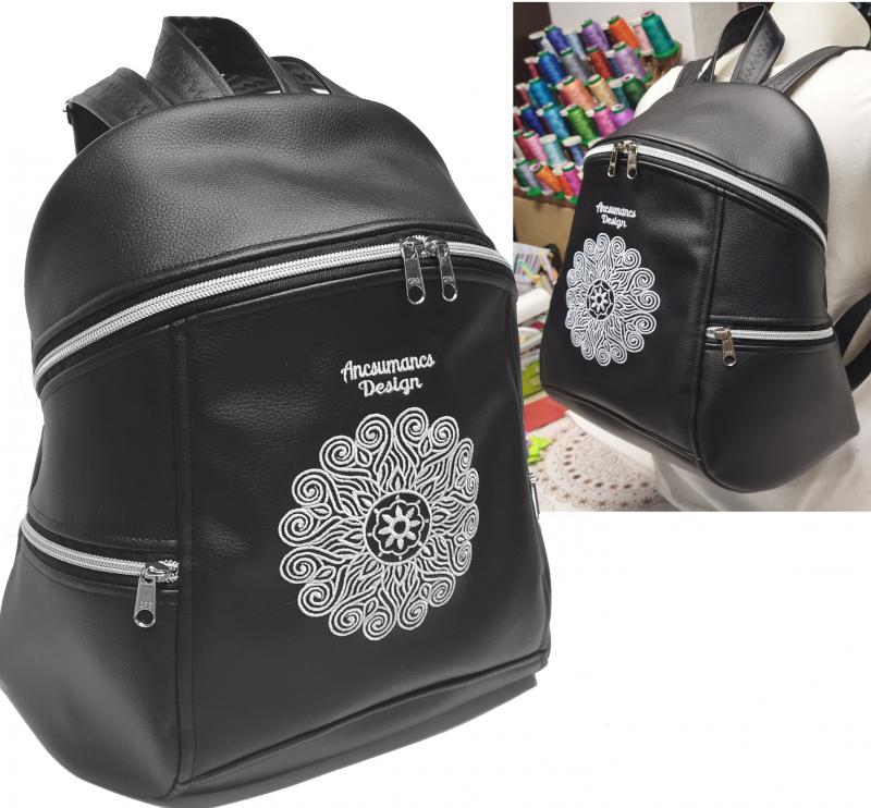 MAXIM BackPack L hátizsák - Elegáns fekete hímzett fehér mandalával textilbőr pántokkal 36x30x16