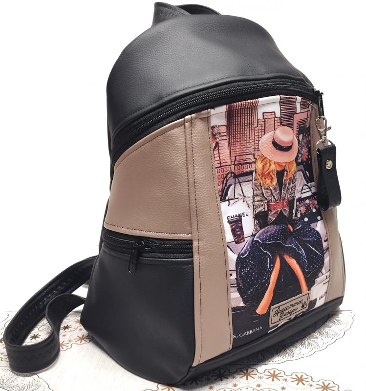 MAXIM BackPack L hátizsák - Hölgy Párizsban púder és fekete alapon textilbőr pántokkal 36x30x16