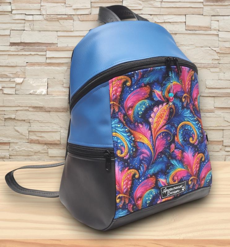 MAXIM BackPack L hátizsák - Karnevál kék fekete alapon textilbőr pántokkal 36x30x16