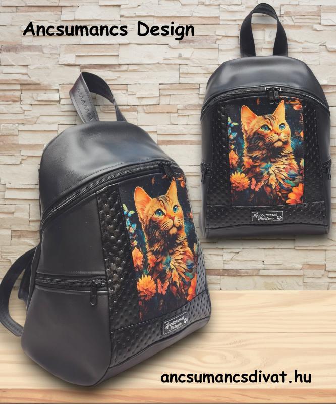 MAXIM BackPack L hátizsák textilbőr pántokkal cicás panellel 36x28x16