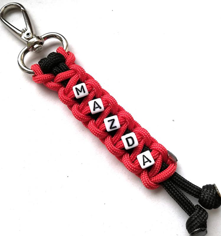 MAZDA feliratos paracord  slusszkulcsdísz kulcstartó karabinerrel Fekete-piros,fekete-fehér betükkel