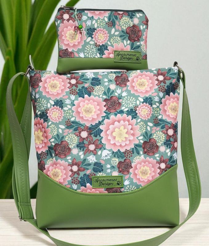 Melanie pakolós válltáska oldaltáska - Ani virágai zöld alapon textilbőr vállpánttal neszivel