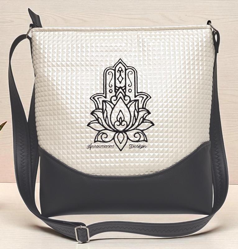 Melanie pakolós válltáska oldaltáska - Fatima keze hímzett fekete-piramispezsgő