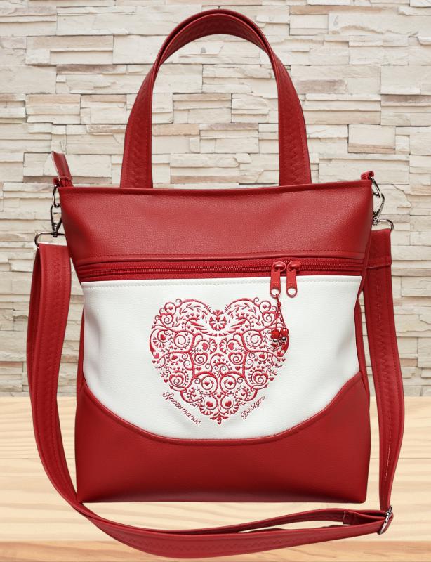 Melanie pakolós válltáska oldaltáska - Hímzett népi szívmintás kézifüllel és textilbőr vállpánttal Piros-fehér