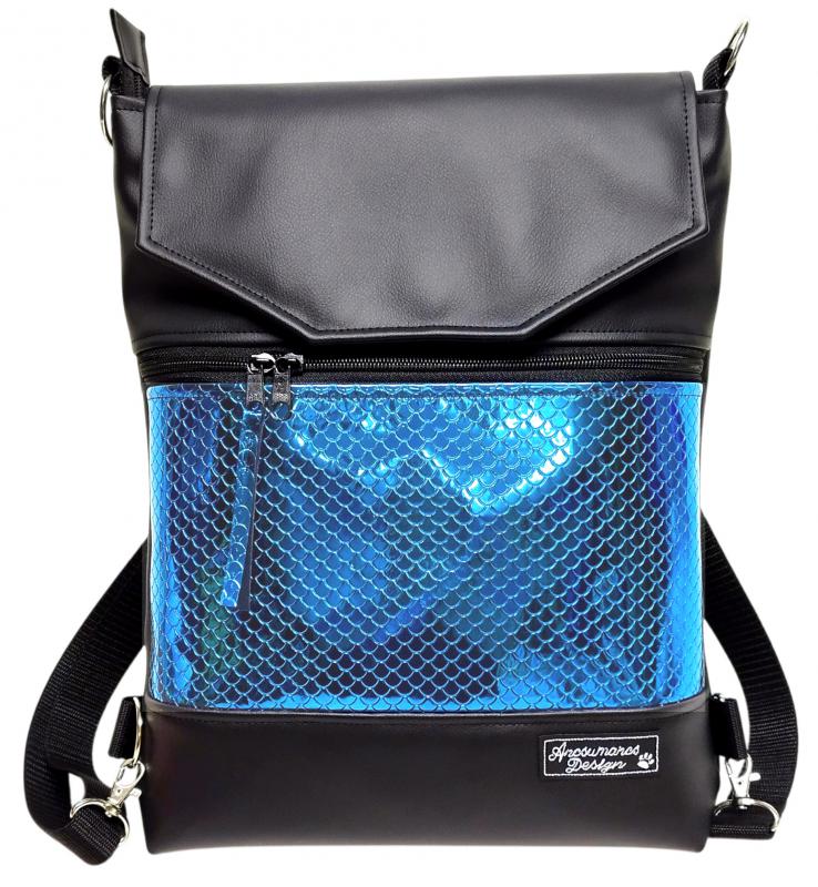 Metál kék sellőmintás Fedélrészes 3in1 hátizsák univerzális táska