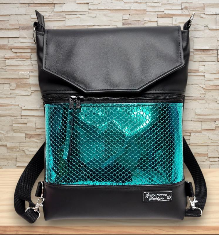 Metál zöld sellőmintás Fedélrészes 3in1 hátizsák univerzális táska