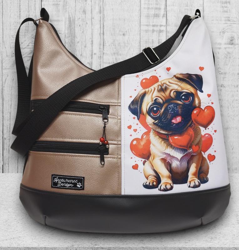 Mopsz kutyás MAXI méretű sokzsebes textilbőr pakolós táska fekete-púder