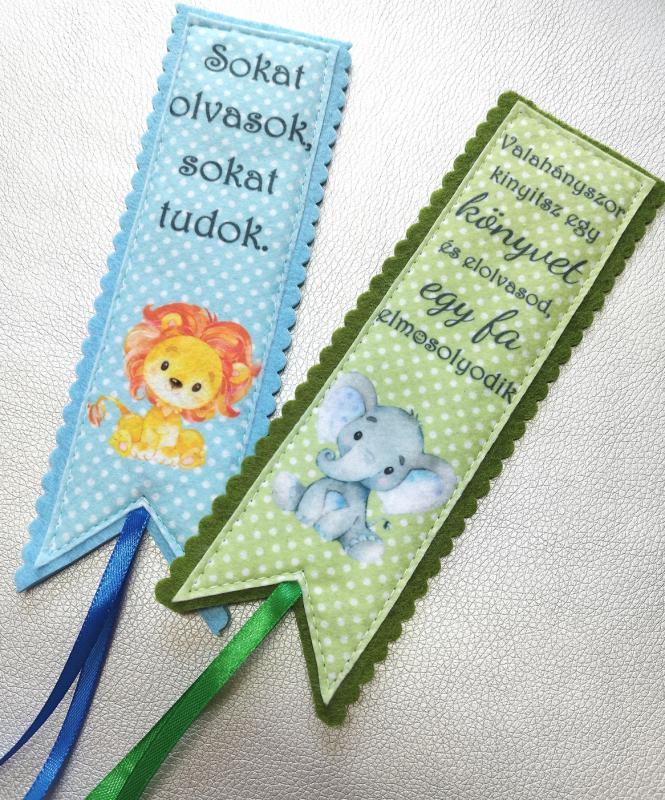 Motívációs filc könyvjelző szett gyerekeknek (2darab) fiúknak kék-zöld elefánt-oroszlán