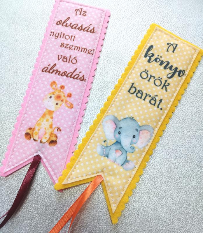 Motívációs filc könyvjelző szett gyerekeknek (2darab) lányoknak rózsaszín-narancs zsiráf-elefánt