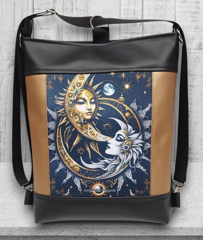 Nap és a Hold hátsó zsebes 3in1 textilbőr hátizsák oldaltáska fekete-óarany