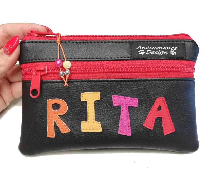 Neves kétrekeszes textilbőr pénztárca neszeszer női név piros cipzár