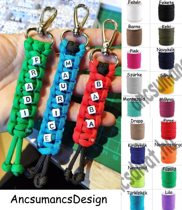 Neves paracord  slusszkulcsdísz kulcstartó karabinerrel fehér kocka betükkel