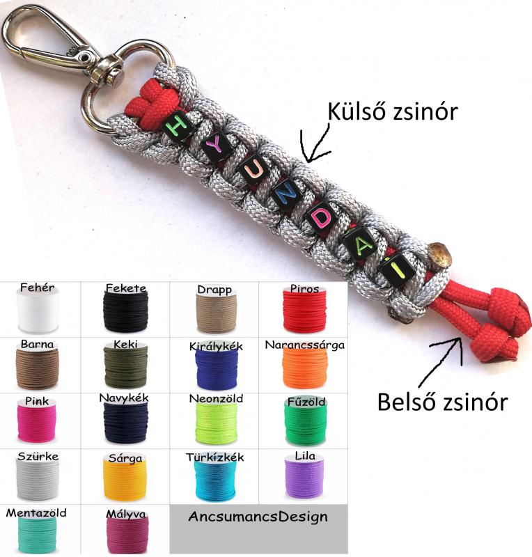 Neves paracord  slusszkulcsdísz kulcstartó karabinerrel vegyes színes betükkel