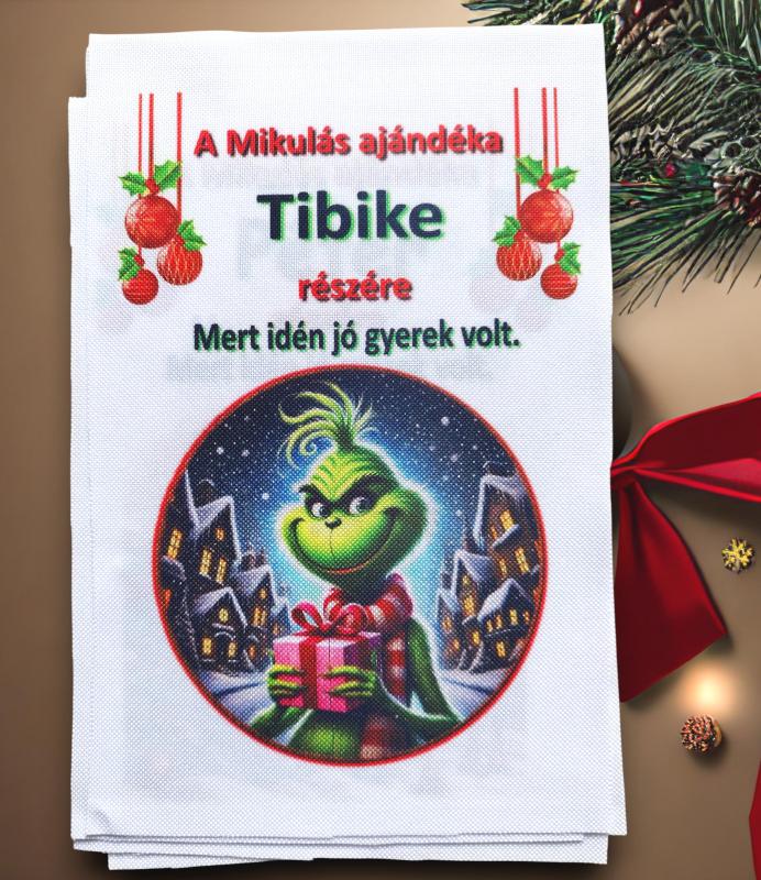 Névre szóló Mikulás zsák textilpanel A5 méret (Grincs)
