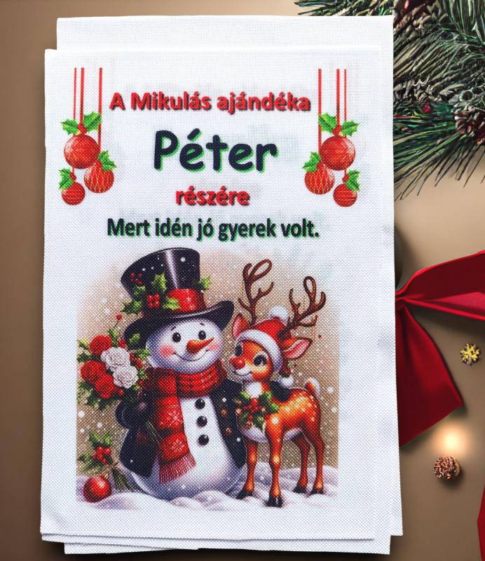 Névre szóló Mikulás zsák textilpanel A5 méret (Hóember-rénszarvas)