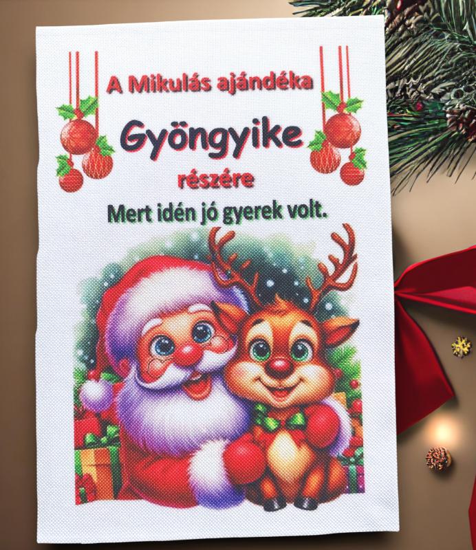 Névre szóló Mikulás zsák textilpanel A5 méret (Mikulás-rénszarvas)