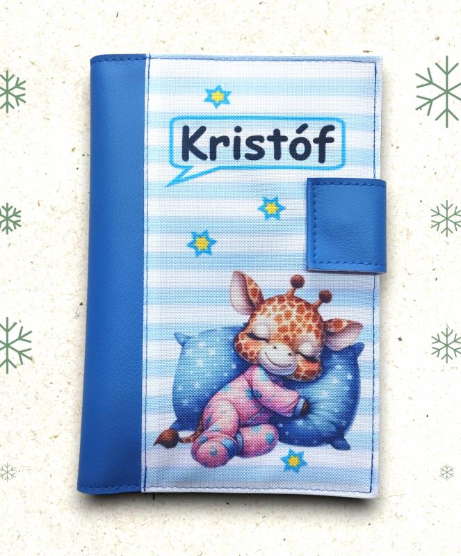 Névre szóló neves Egészségügyi kiskönyv borító - Alvó zsiráf kék alapon