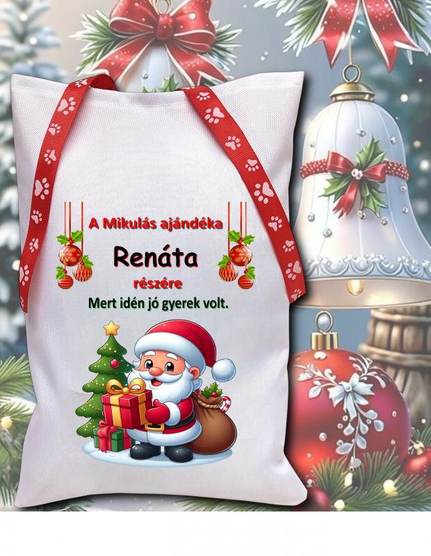 Névreszóló mikulászsák piros kötővel Mikulás ajándékkal