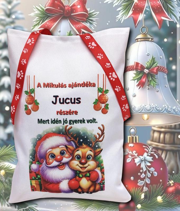Névreszóló mikulászsák piros kötővel Mikulás és rénszarvas
