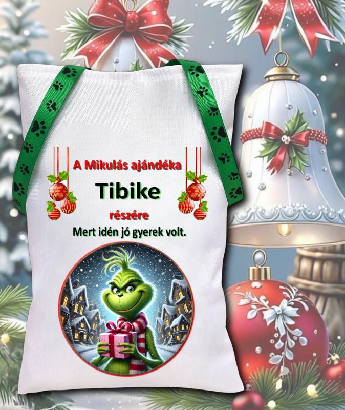 Névreszóló mikulászsák zöld kötővel Grincs