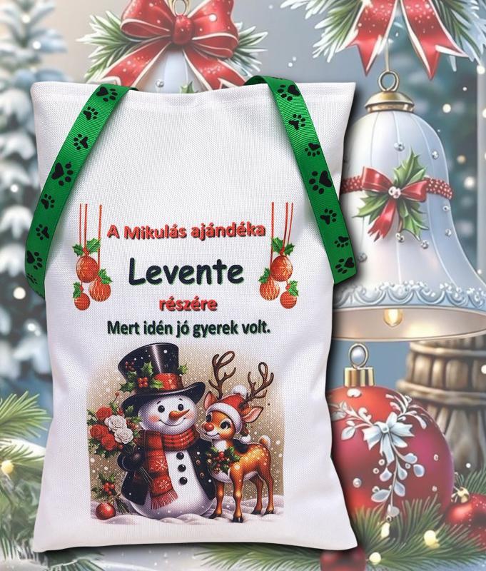 Névreszóló mikulászsák zöld kötővel Hóember és rénszarvas