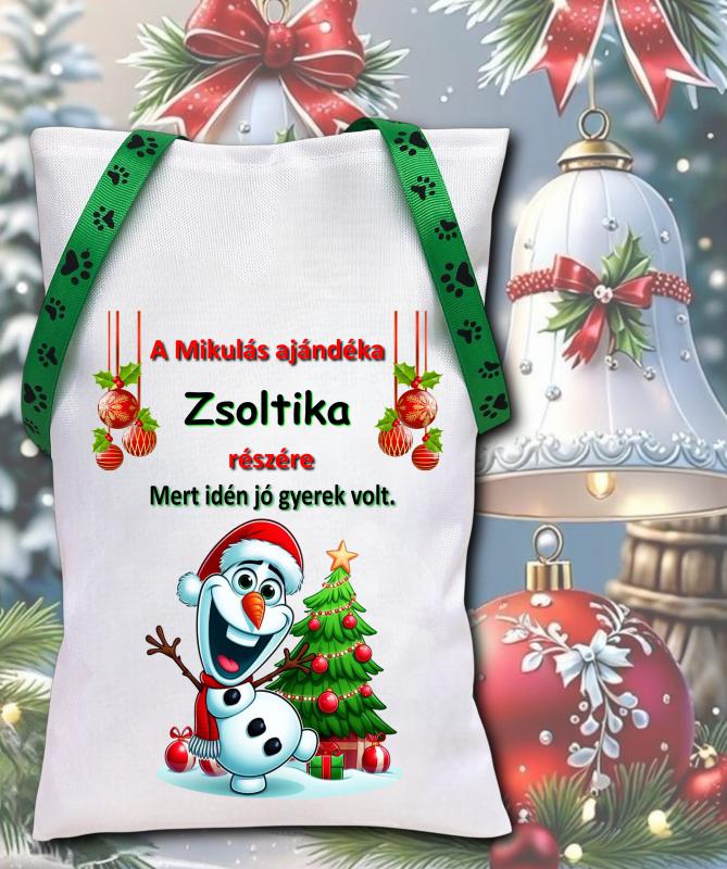 Névreszóló mikulászsák zöld kötővel Olaf
