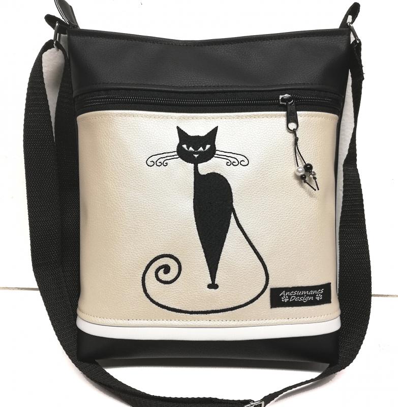 Női 26x30 crossbody oldaltáska - Hímzett cicás fekete-pezsgő