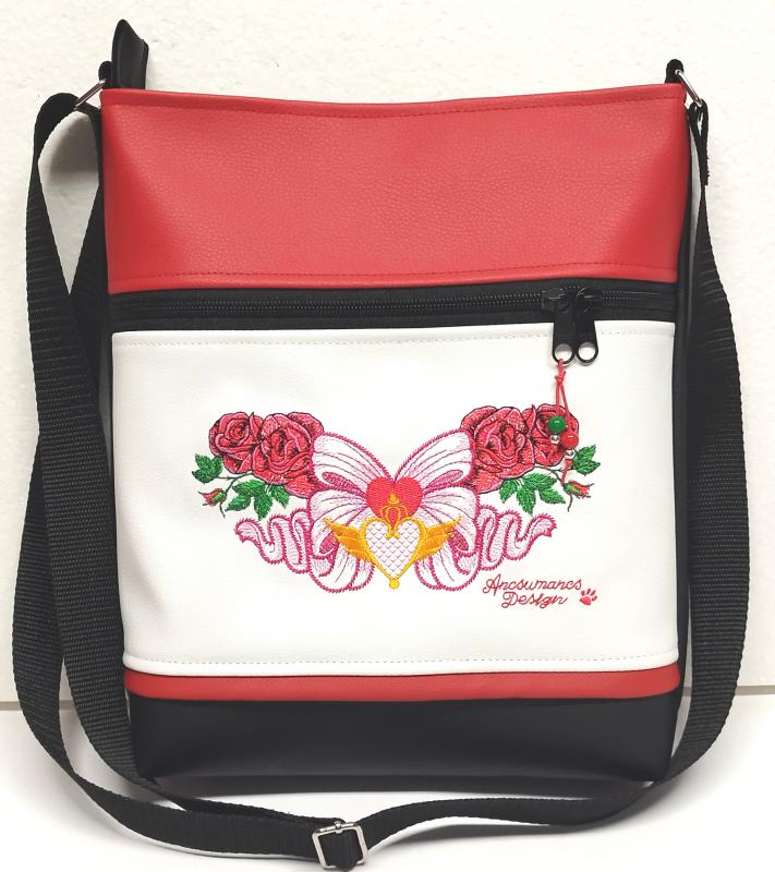 Női 26x30 crossbody oldaltáska - Hímzett Fantasy Flower 002 Fekete-fehér-piros