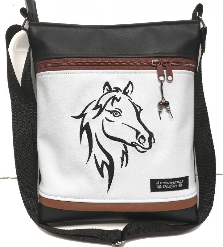 Női 26x30 crossbody oldaltáska - Hímzett ló fekete-fehér alapon