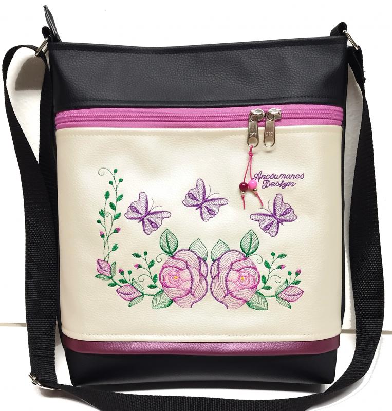 Női 26x30 crossbody oldaltáska - Hímzett rózsák és pillangók fekete-pezsgő