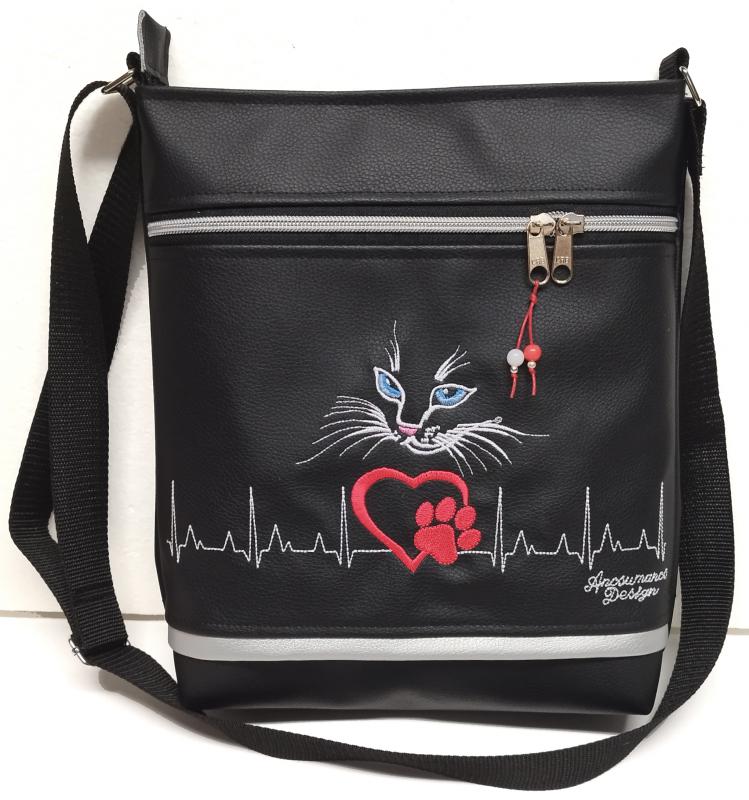 Női 26x30 crossbody oldaltáska - Szívdobogás Hímzett EKG szív tappancs cica