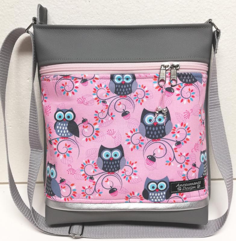 Női 26x30 crossbody oldaltáska - Szürke-rózsaszín bájos baglyokkal
