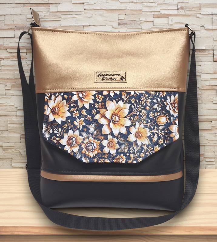 Óarany virágok EMILI pakolós válltáska oldaltáska 30x33cm Fekete-óarany