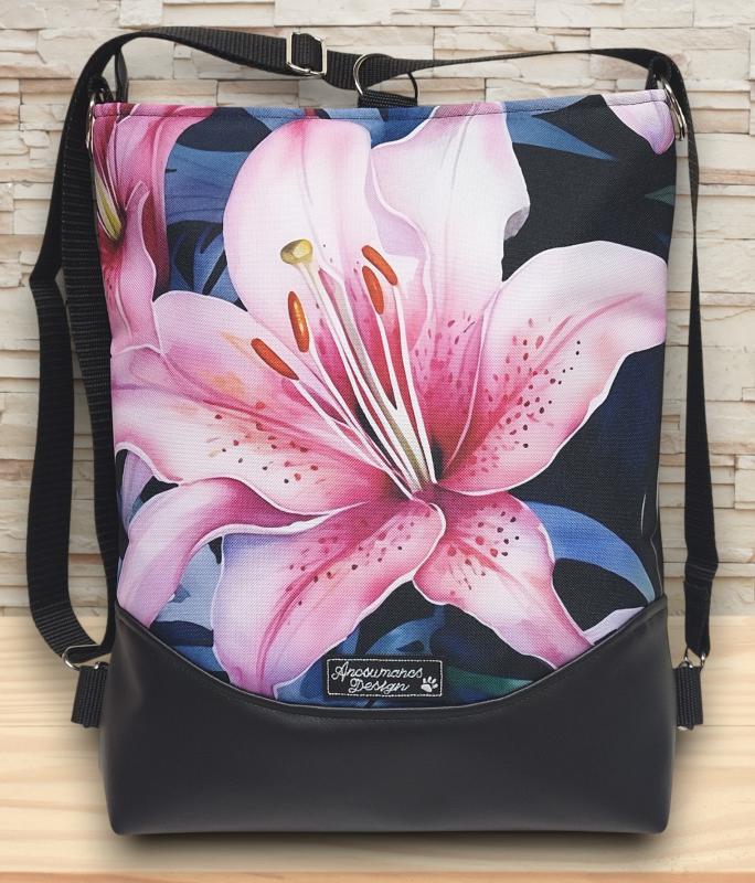 Óriás liliom - Mosolyvonalas hátulzsebes 3in1 textilbőr hátizsák univerzális táska