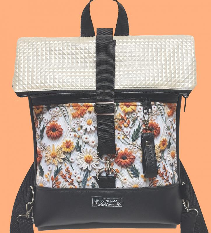 Roll Up Maxi dupla pántos hátizsák sok zsebbel - 3D virágok fekete - piramis pezsgő