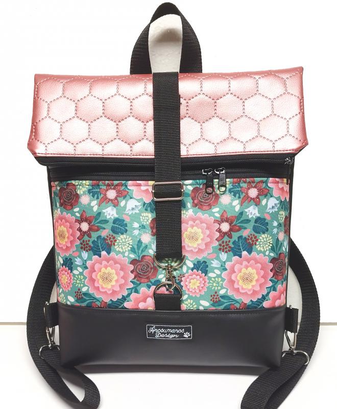 Roll Up Maxi dupla pántos hátizsák sok zsebbel - Ani virágai rose bőrrel