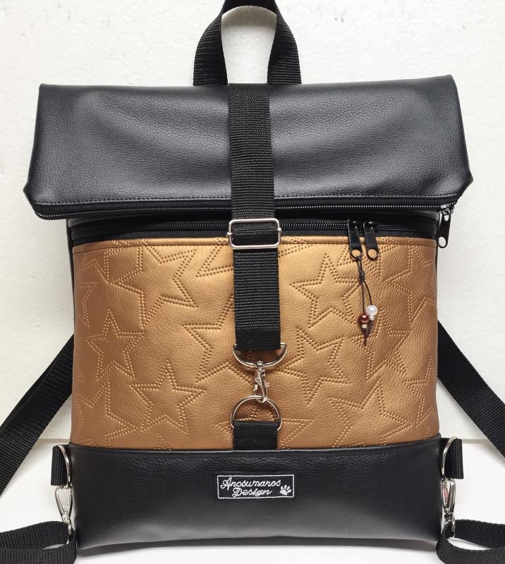 Roll Up Maxi dupla pántos hátizsák sok zsebbel - Elegáns fekete - bronz csillagokkal