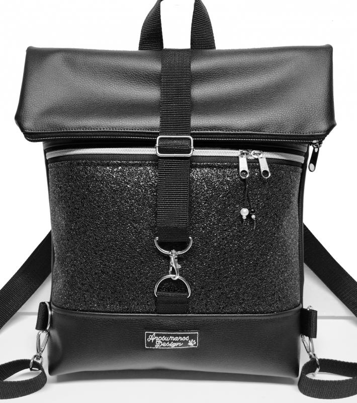 Roll Up Maxi dupla pántos hátizsák sok zsebbel - Elegáns fekete - kristályos fekete , ezüst cipzárral