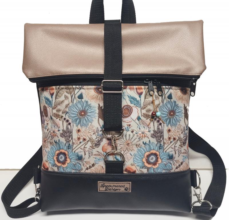 Roll Up Maxi dupla pántos hátizsák sok zsebbel - Fekete gyöngyházpúder folk virágokkal